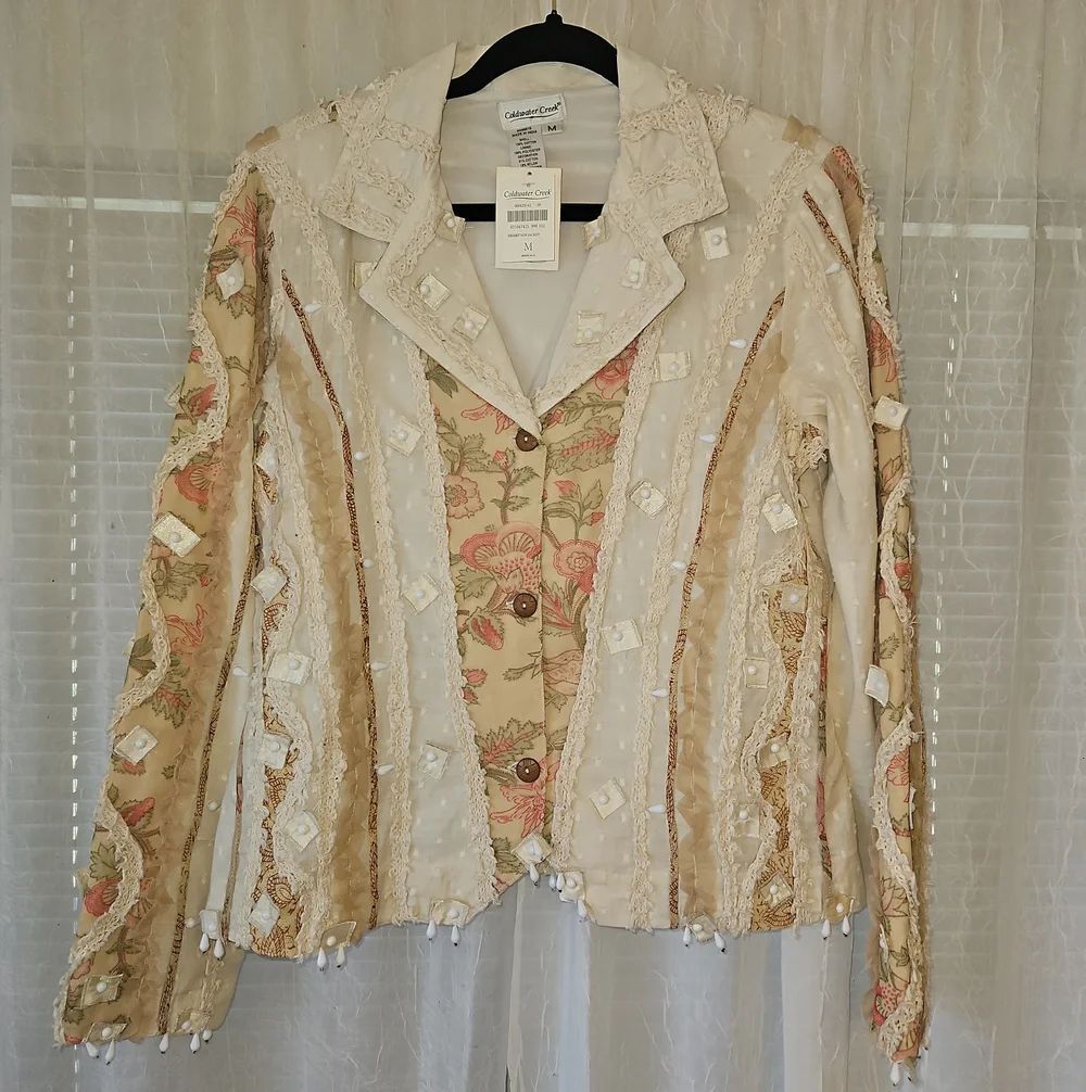 Coldwater Creek Cream & Pink Patchwork Embellished Desert Sun Jacket